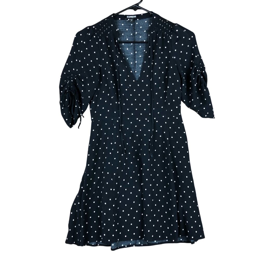 Express Womens Dress Black Tan Polka Dot Flowy Midi Casual Wear Petite XSmall
